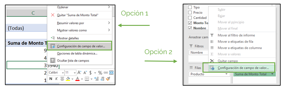 Configuración campo de valor en tabla dinámica dos opciones.