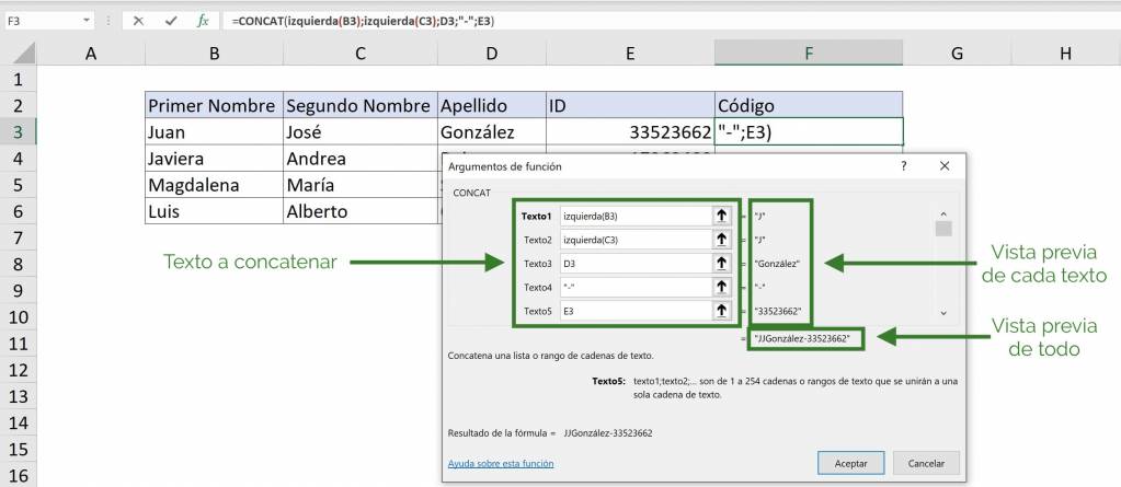 Término ejemplo de ventana de ayuda para función concatenar en Excel CONCAT