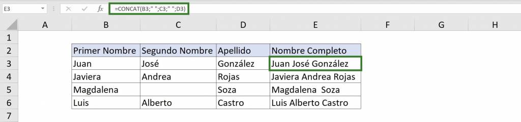 Uso de función CONCAT concatenar en Excel funciona para un caso