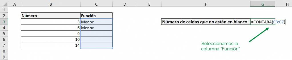 Excel contar contara celdas no en blanco al menos un caracter función