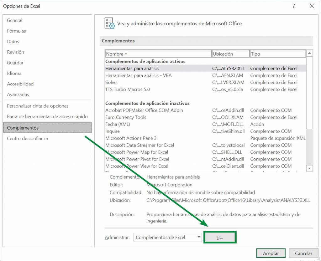 Excel excel correlación herramienta complementos análisis de datos ir