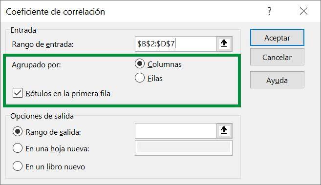 Excel excel correlación herramienta ejemplo forma 2 análisis de datos ventana opciones