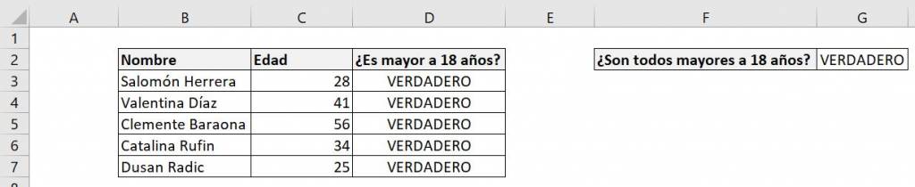 Excel función SI Y combinar 2 condiciones explicación ejemplo edad valores lógicos respuesta