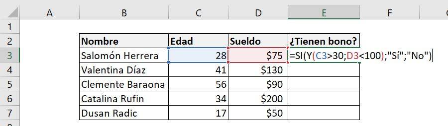 Excel función SI Y combinar 2 condiciones ejemplo bono