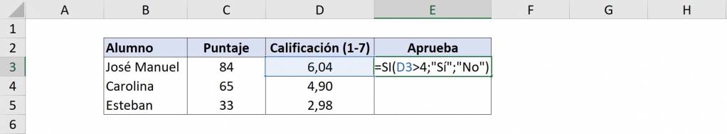 Ejemplo Función SI en Excel